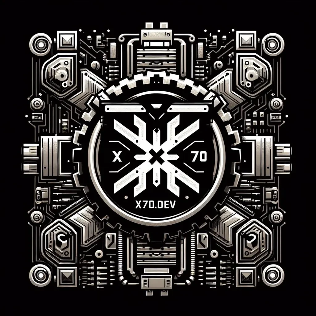 The x70.dev emblem: a chrome mechanical medallion on black, ringed by circuit traces and gears.